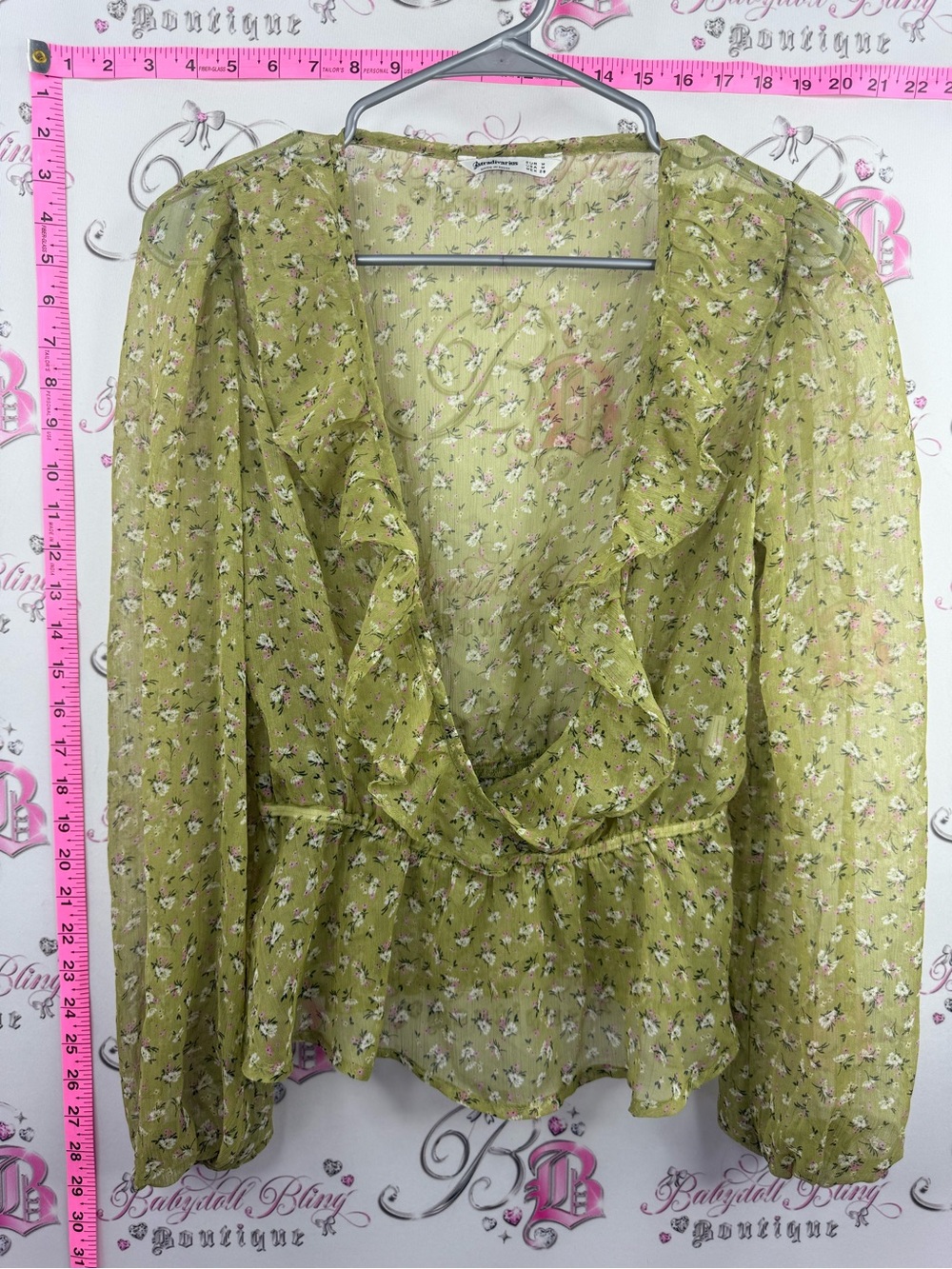 stradivarius blouse shirt Olive Green Floral Ruffle V-Neck Blouse